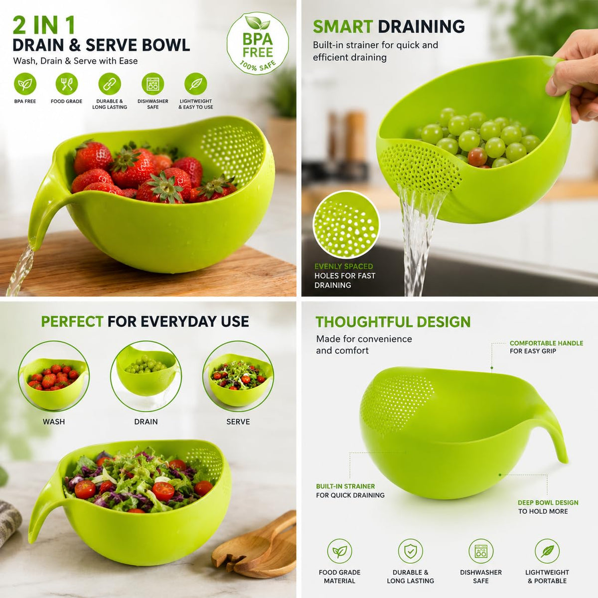 Multipurpose Vegetable Strainer Rice Washing Bowl | Plastic Fruit & Vegetable Cleaning Drain Basket | Kitchen Colander Bowl Green