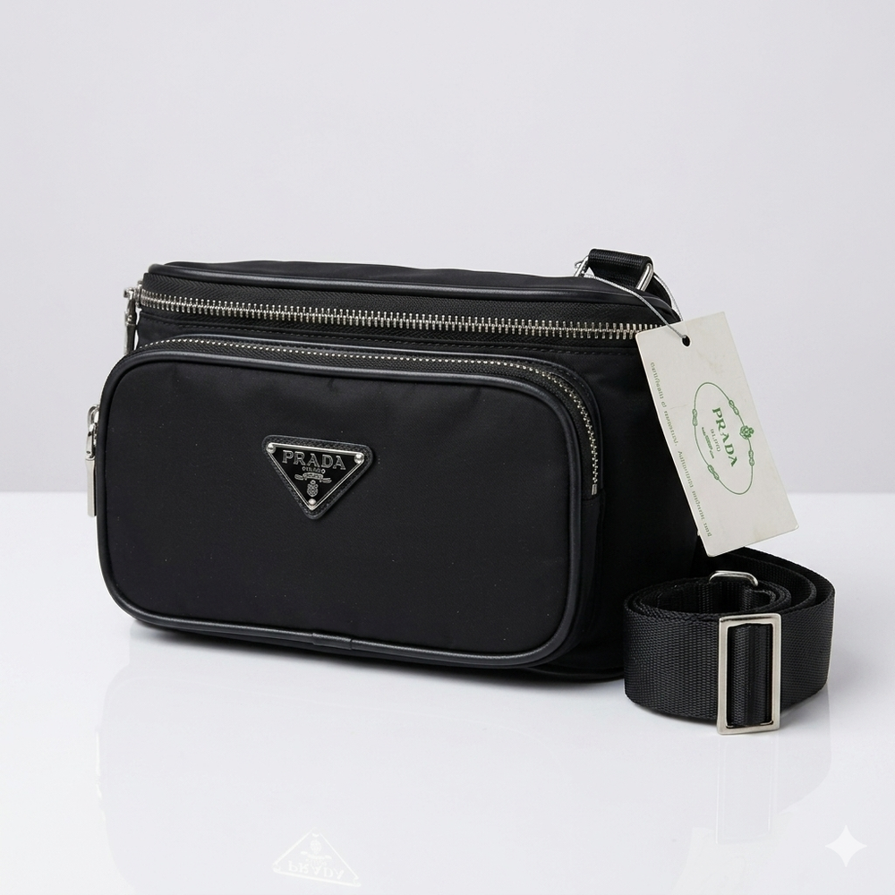Tessuto Nylon Belt Bag – Black Luxury Waist Pouch with Authenticity Card