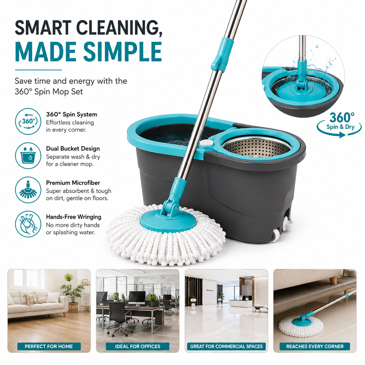 360° Spin Mop & Twin Bucket Floor Cleaning System | Microfiber Mop with 2 Refill Heads, Hands-Free Wringing & Easy Drain