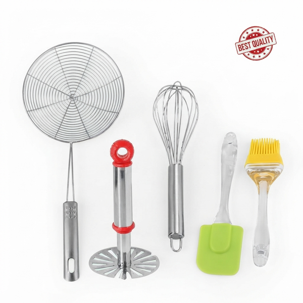5-Piece Kitchen Cooking & Baking Tool Combo Set | Spider Strainer, Potato Masher, Balloon Whisk, Silicone Spatula & Oil Brush