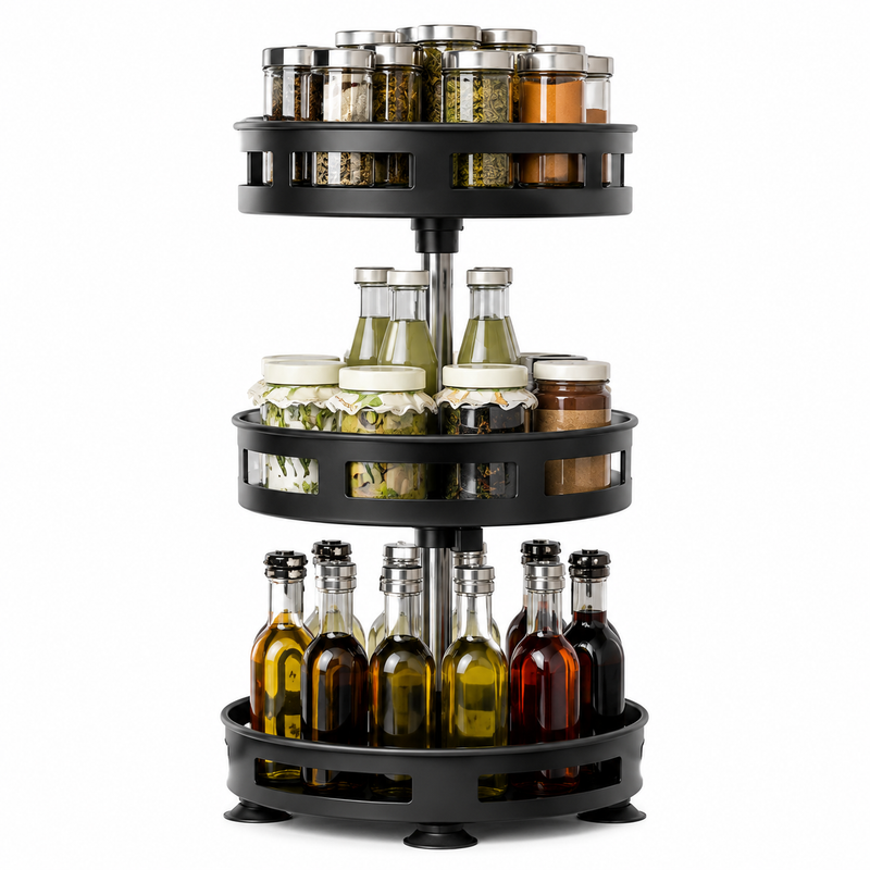 3-Tier 360° Rotating Spice Organizer Rack – Multi-Layer Kitchen Storage Stand for Spices, Bottles & Condiments (Assembly Required)