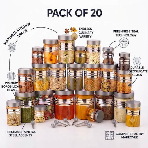 Airtight Kitchen Storage Jars & Containers – Pack of 20 | Multipurpose Fridge & Pantry Organizers