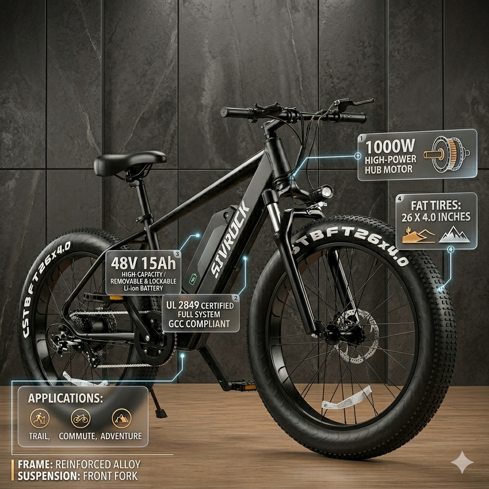 Professional Electric Bike For Adults, 26 X 4.0 Inches Fat Tire Electric Mountain Bicycle, 1000W Motor 48V 15Ah Ebike For Trail Riding, Excursion And Commute, UL And GCC Certified