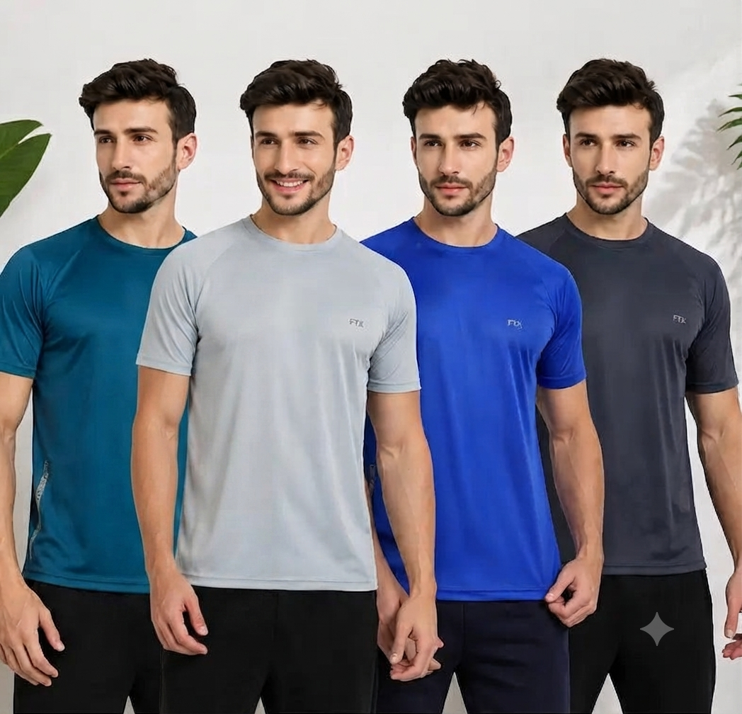 Men's Solid T-Shirt Combo Pack of 4 – Multicolor Regular Fit Dry-Fit Round Neck Half Sleeve Sports T-Shirts