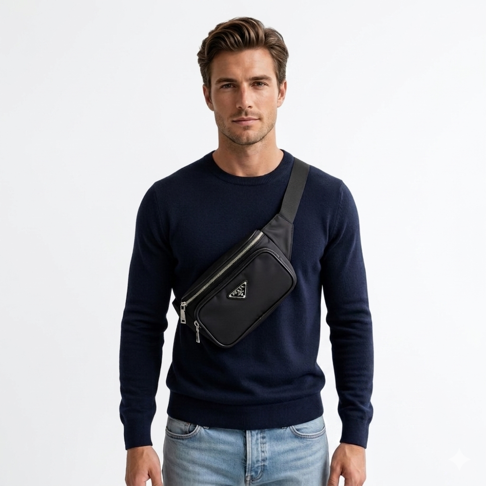 Tessuto Nylon Belt Bag – Black Luxury Waist Pouch with Authenticity Card