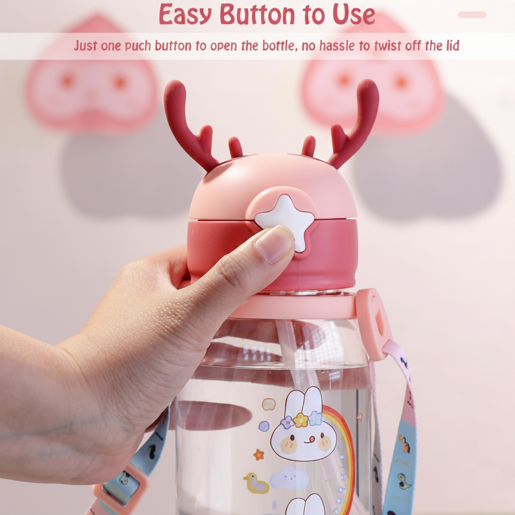 Cute Animal Kids Water Bottle for School – Portable Leakproof Straw Bottle