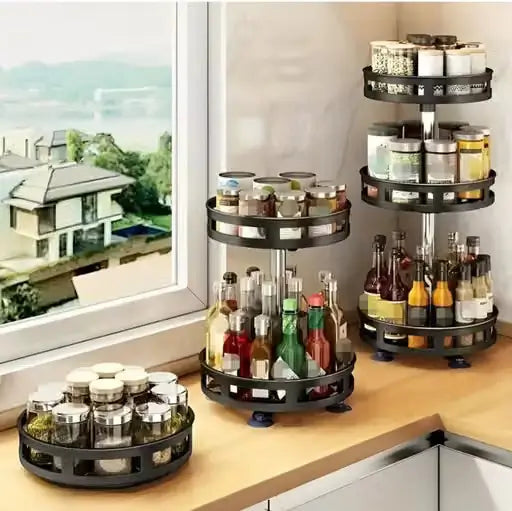 3-Tier 360° Rotating Spice Organizer Rack – Multi-Layer Kitchen Storage Stand for Spices, Bottles & Condiments (Assembly Required)