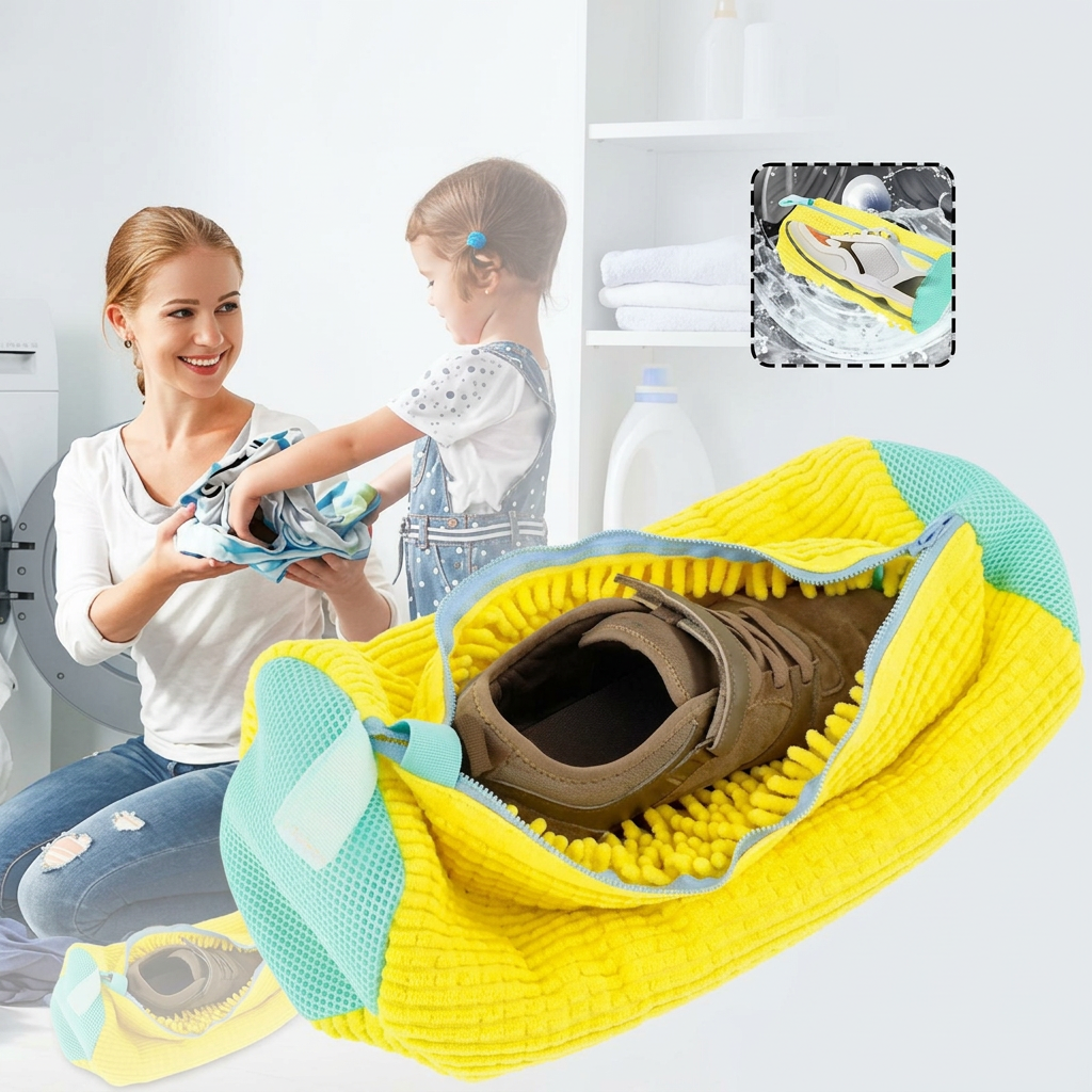 Yellow shoe washing bag holding grey sneakers on a laundry counter
