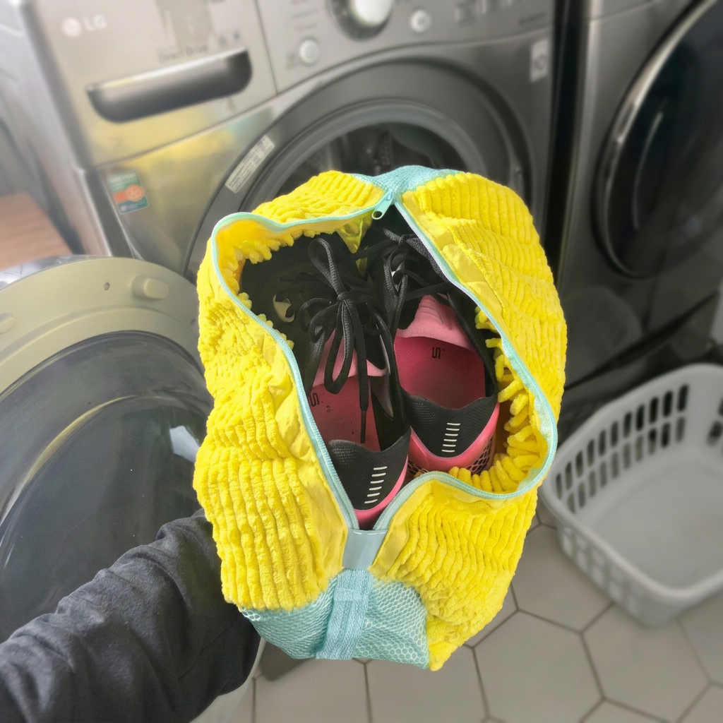 Yellow shoe washing bag holding grey sneakers on a laundry counter