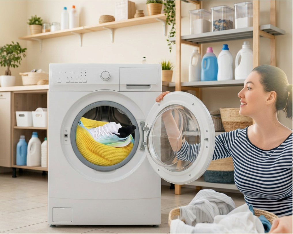 Shoe washing bag with sneakers beside a front-loading washing machine