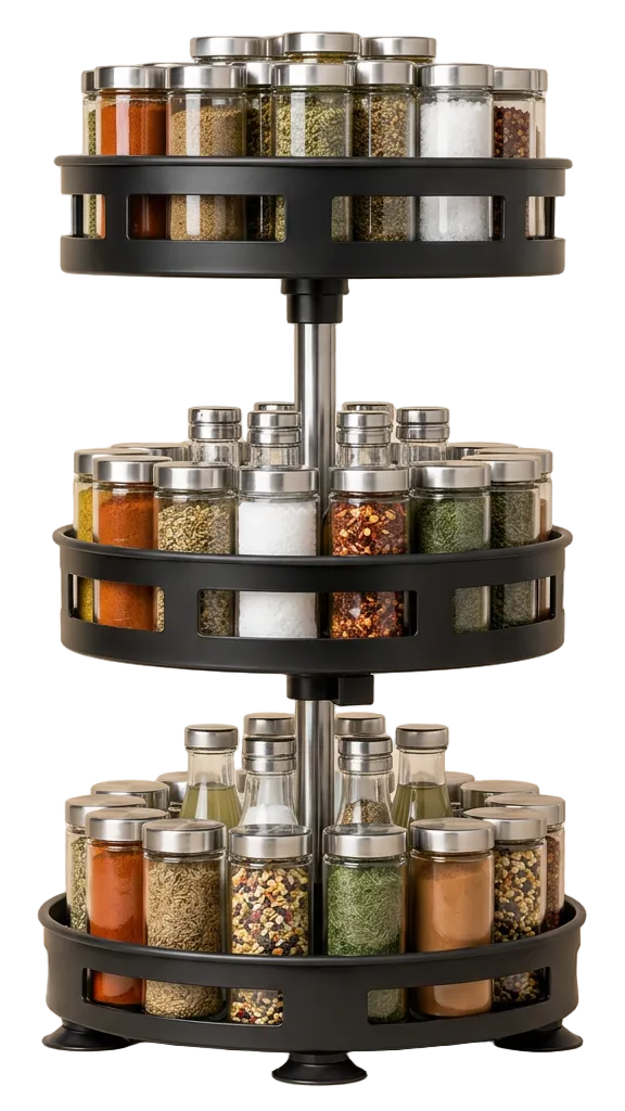 Black three-tier rotating spice organizer rack with metal central support