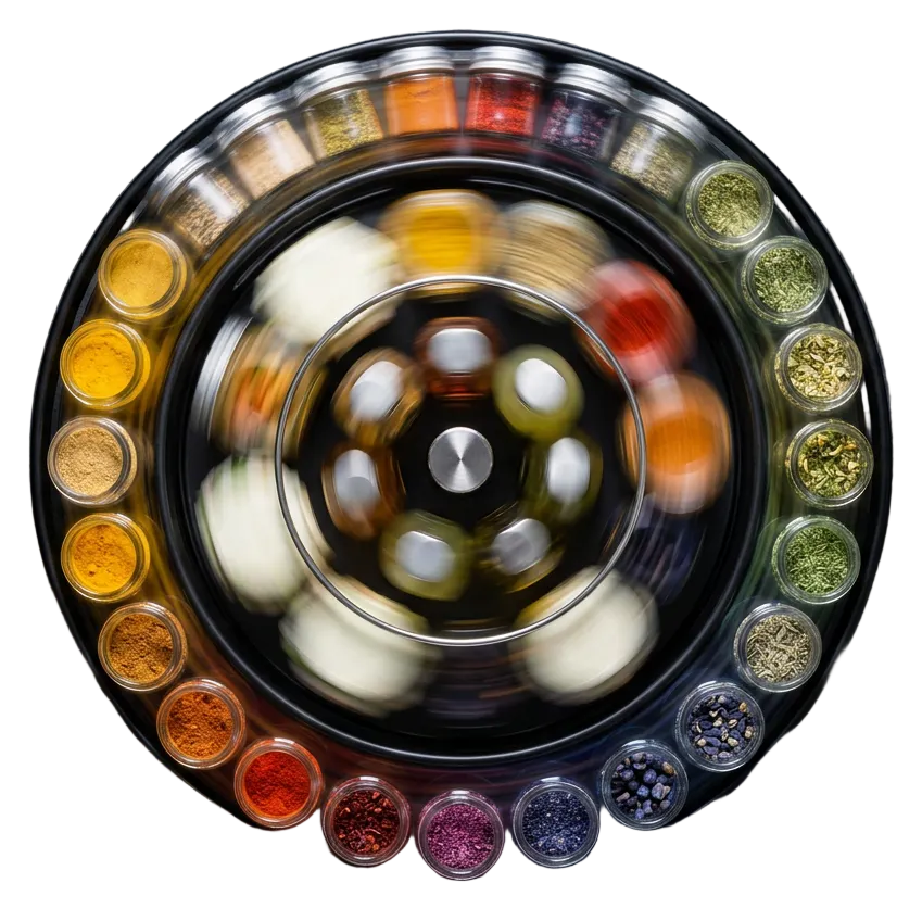 Black circular three-tier organizer for spices, seasoning jars, bottles and condiments