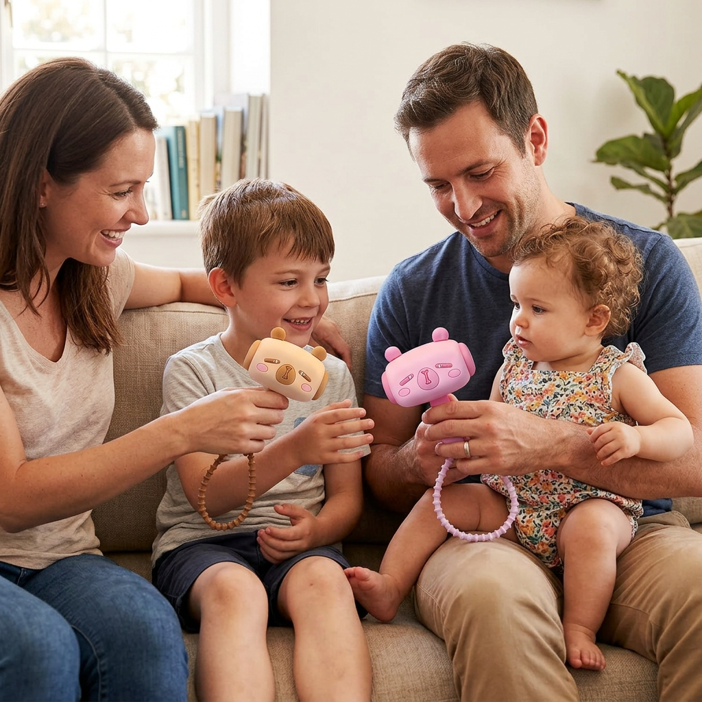 Square family scene with parents presenting keychains to their son and baby daughter
