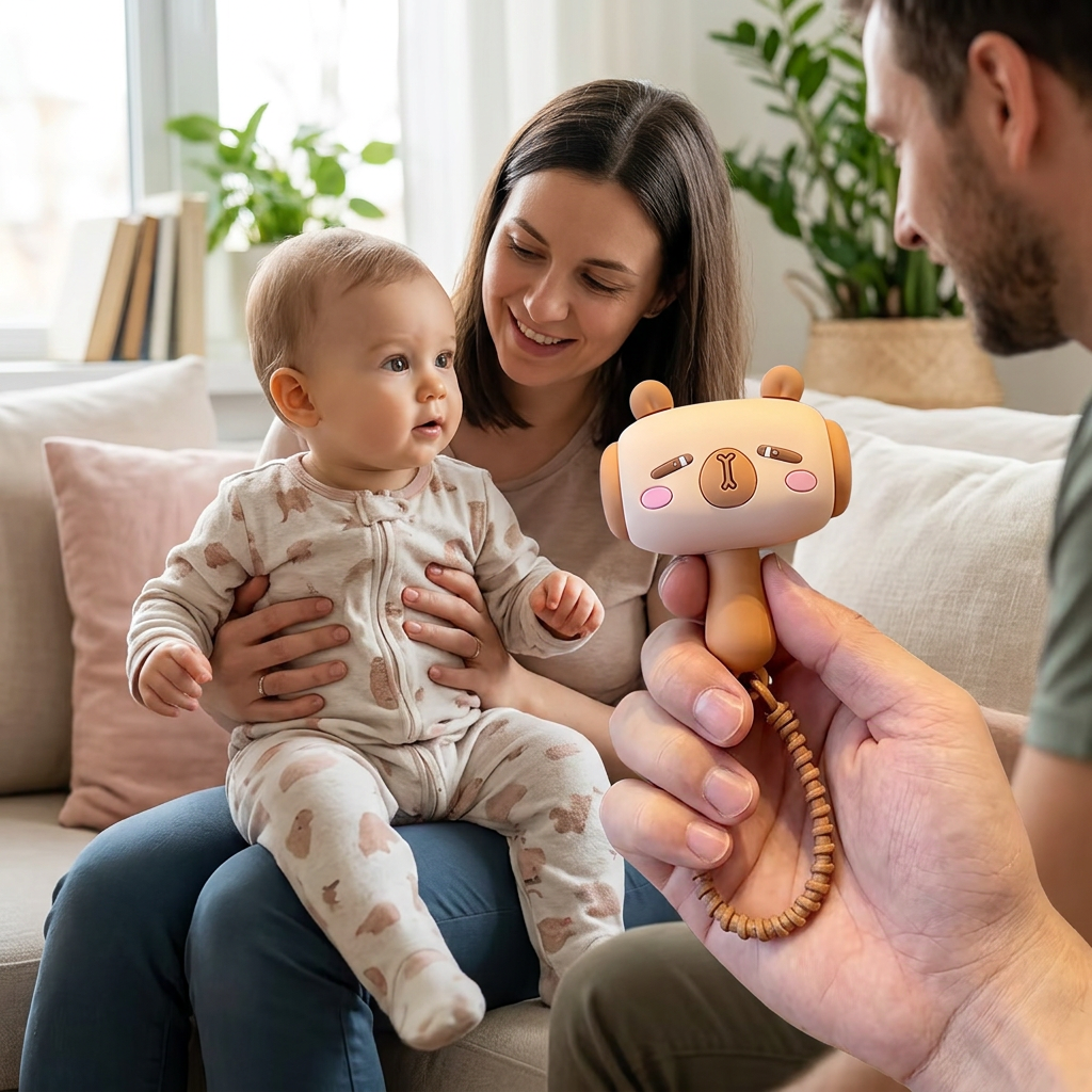 Supervised family scene with a 12-month-old looking at the parent-held keychain