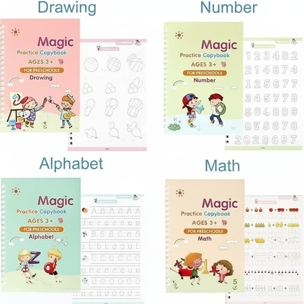 Magic Practice Copybook Set for Kids | 4 Reusable Handwriting Books with 10 Refills, Pen & Grip | Alphabet, Numbers, Drawing & Math Learning Activity Books