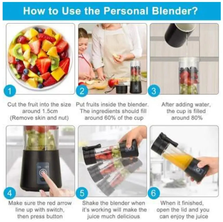 Portable USB Rechargeable Juicer Blender Bottle 380ML with 6 Stainless Steel Blades