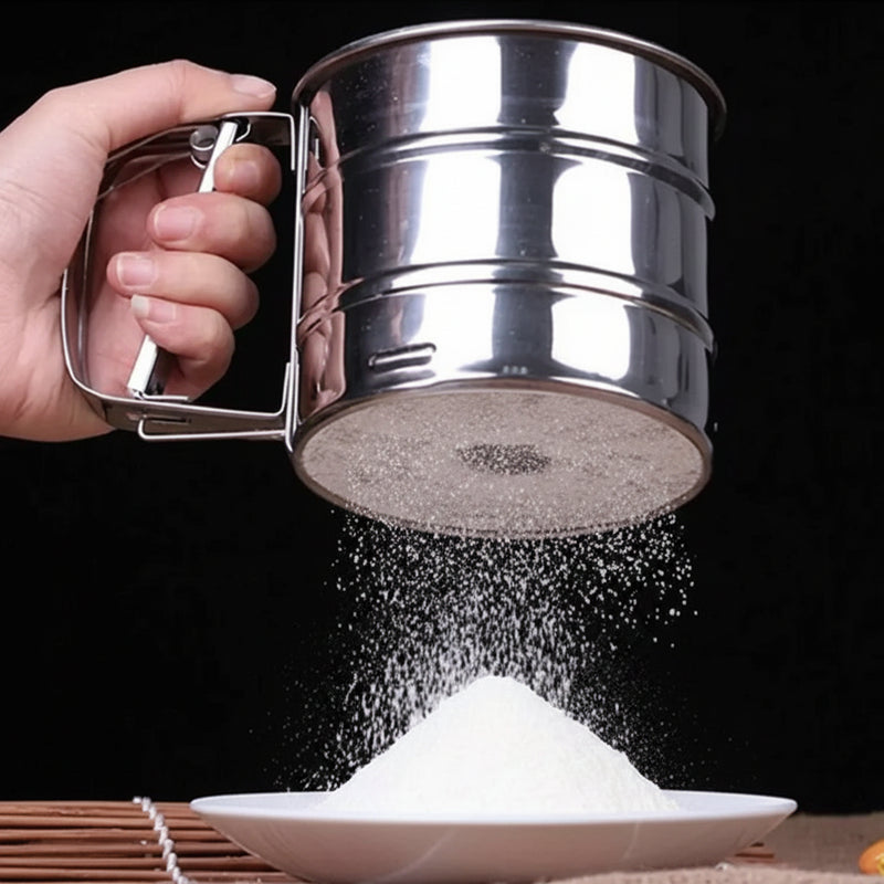 Stainless Steel Flour Sifter for Baking Double Layer Fine Mesh Baking Sieve with One Hand Press Handle for Sifting Flour Sugar Cocoa Powder